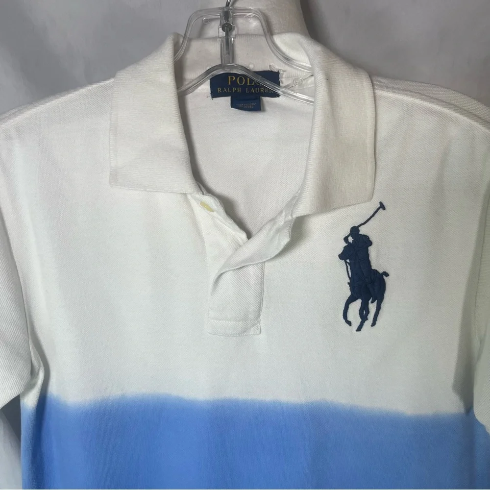 Polo Ralph Lauren Kids Dip‎ Dyed Ombre Pique Polo Shirt White & Blue Sz M (8-10)